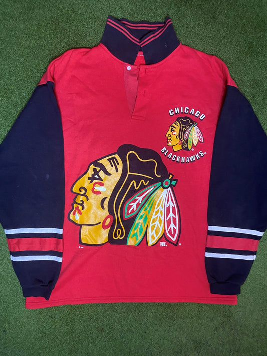 90s Chicago Blackhawks - Vintage NHL Collared Long Sleeve (XL)