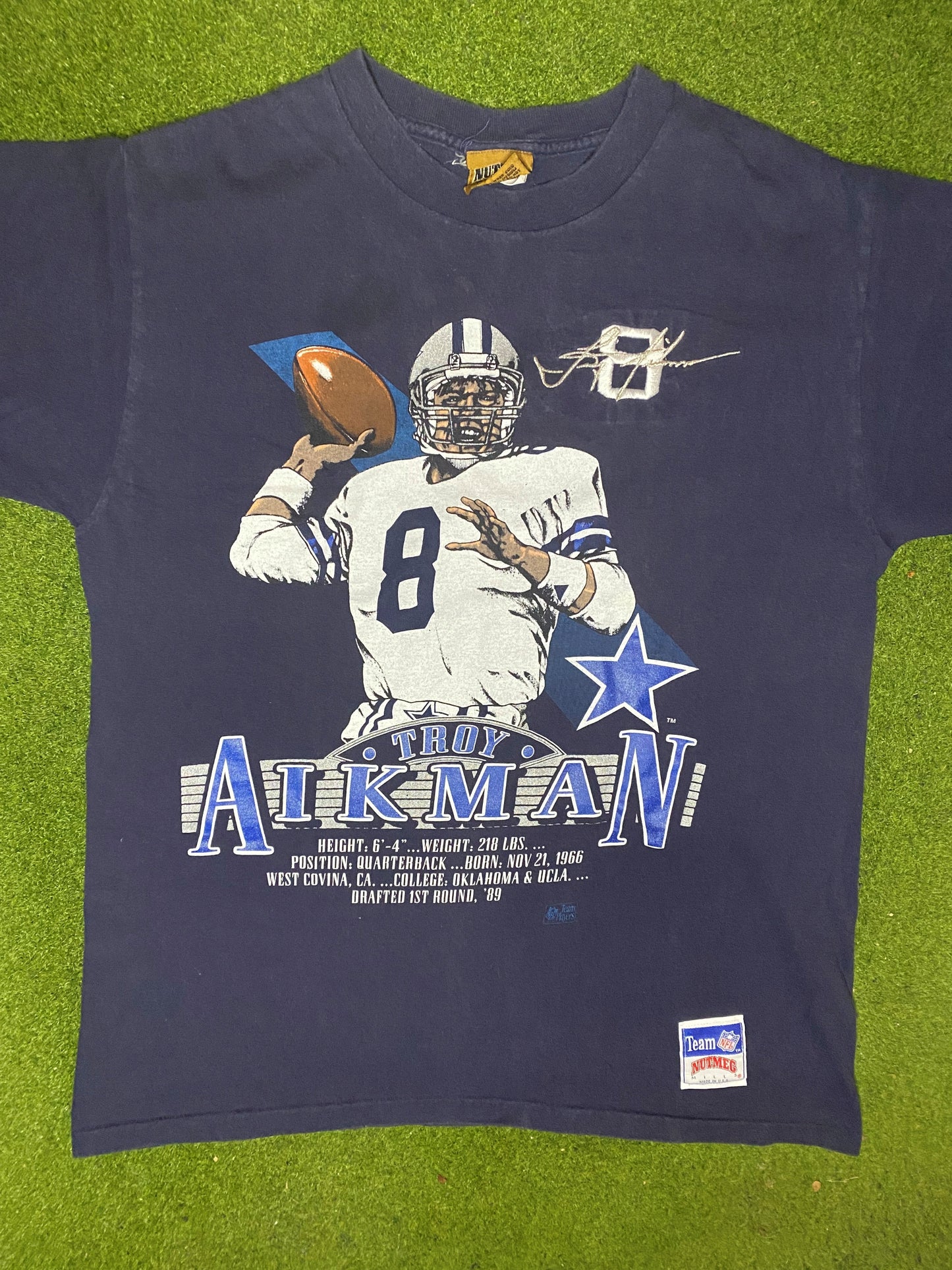 90s Dallas Cowboys - Troy Aikman - Vintage NFL Player T-Shirt (Medium) - Gametime Vintage