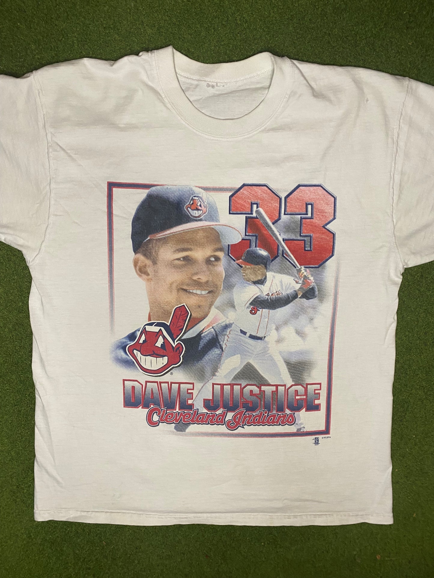 90s Cleveland Indians - David Justice - Vintage MLB Player T-Shirt (Large) - Gametime Vintage