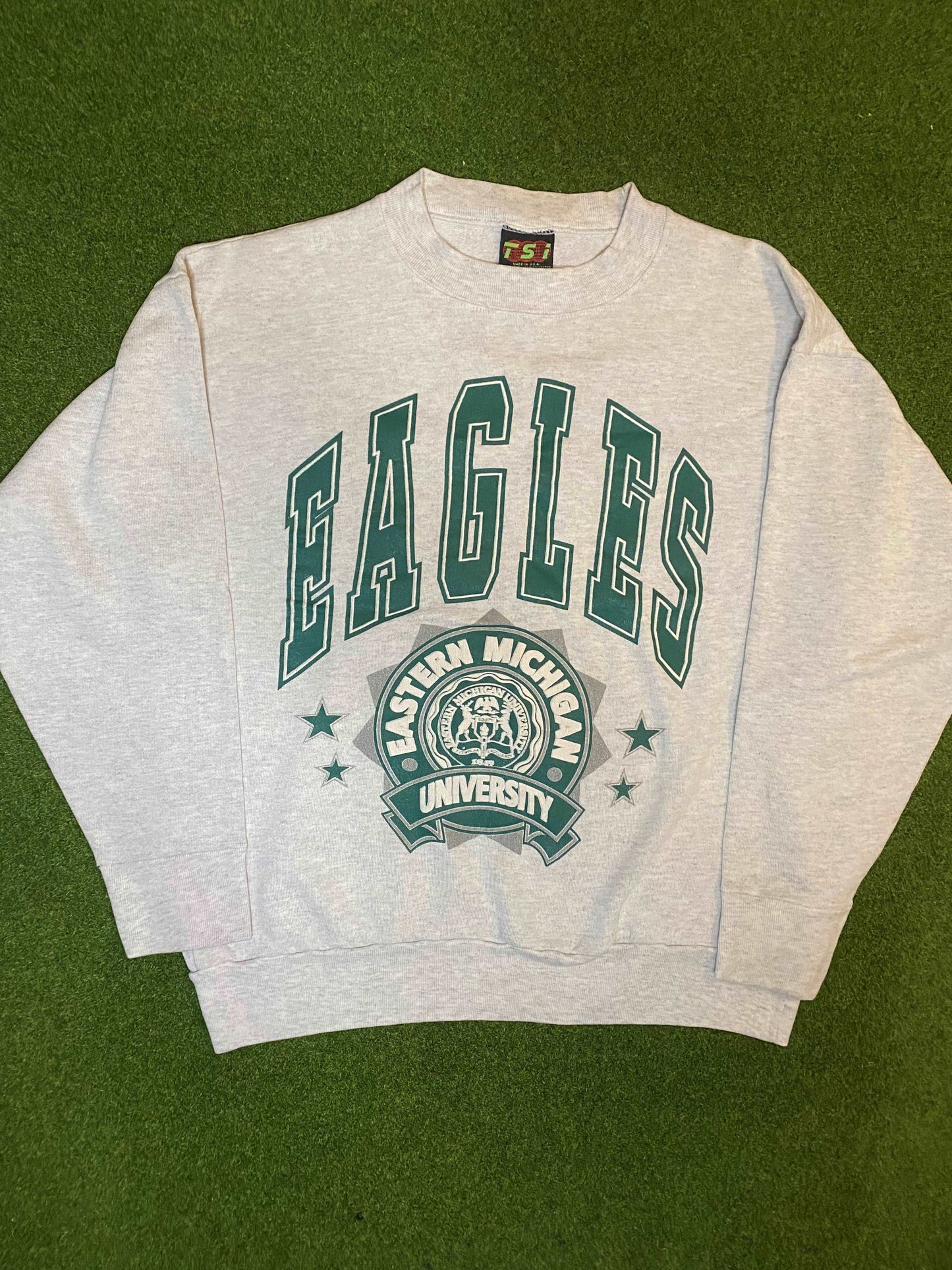 90s Eastern Michigan Eagles - Vintage College Crewneck Sweatshirt (Medium) - Gametime Vintage
