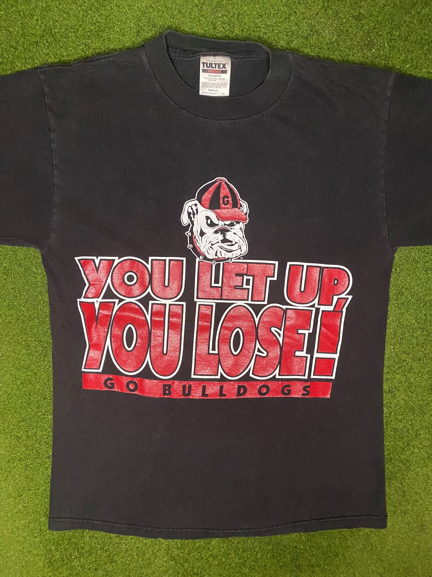 90s Georgia Bulldogs - You Let Up You Lose - Vintage College T-Shirt (Medium) - Gametime Vintage