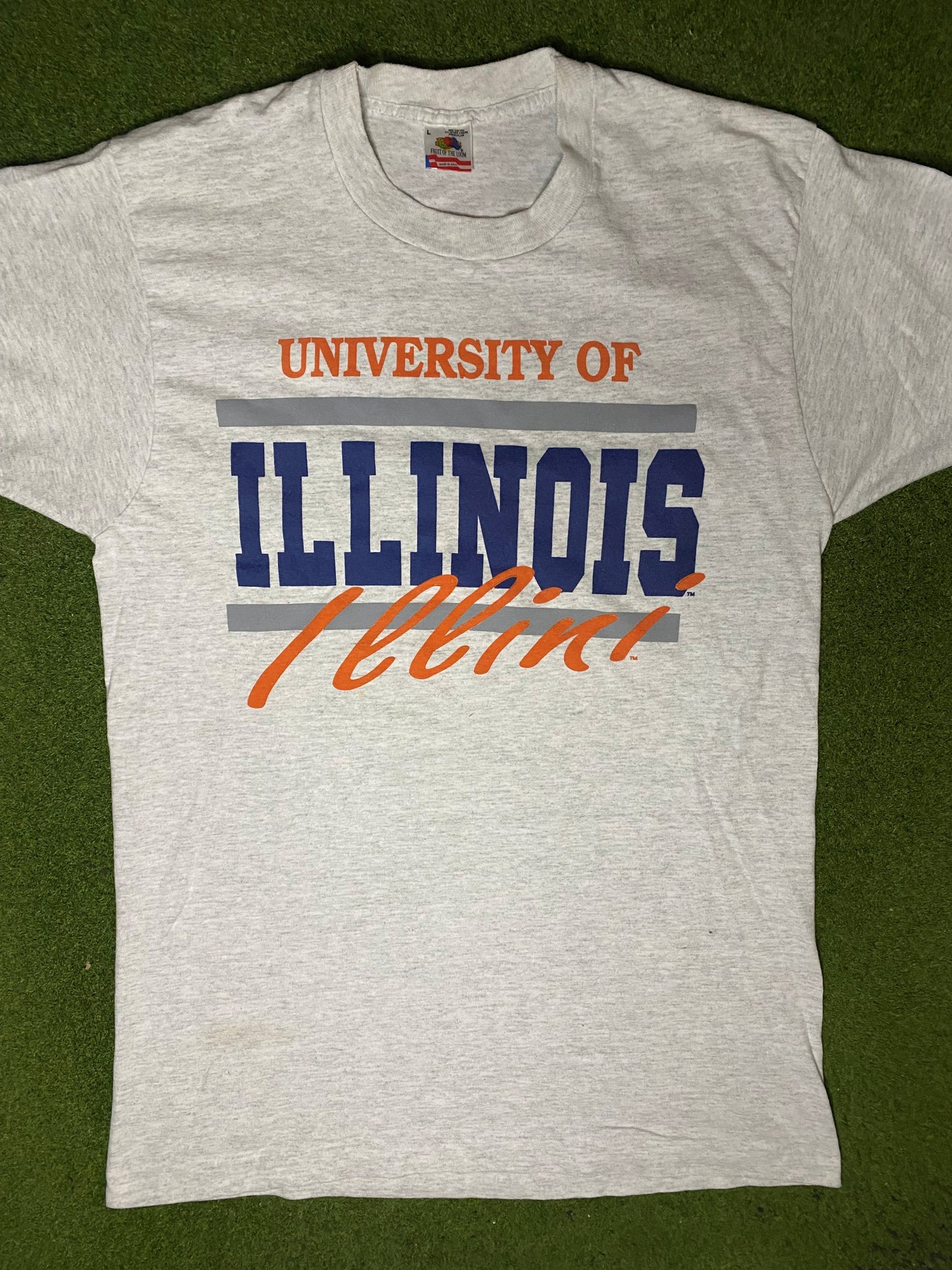 90s Illinois Fighting Illini - Vintage College T Shirt (Large) - Gametime Vintage