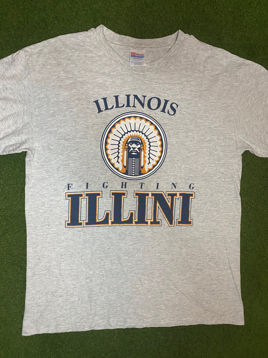 90s Illinois Fighting Illini - Vintage College T-Shirt (Large)