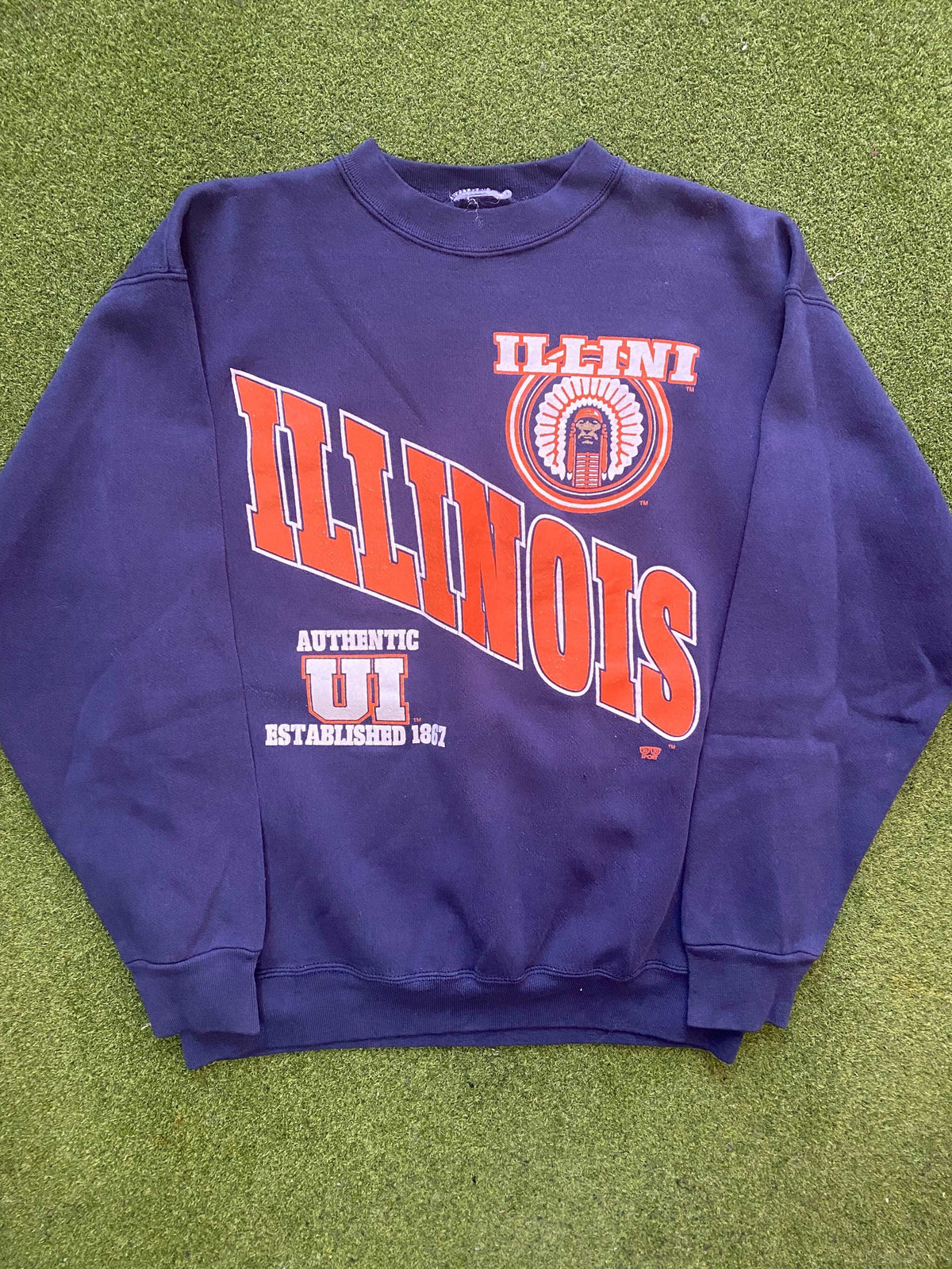 90s Illinois Fighting Illini - Vintage College Crewneck Sweatshirt (Large) - Gametime Vintage