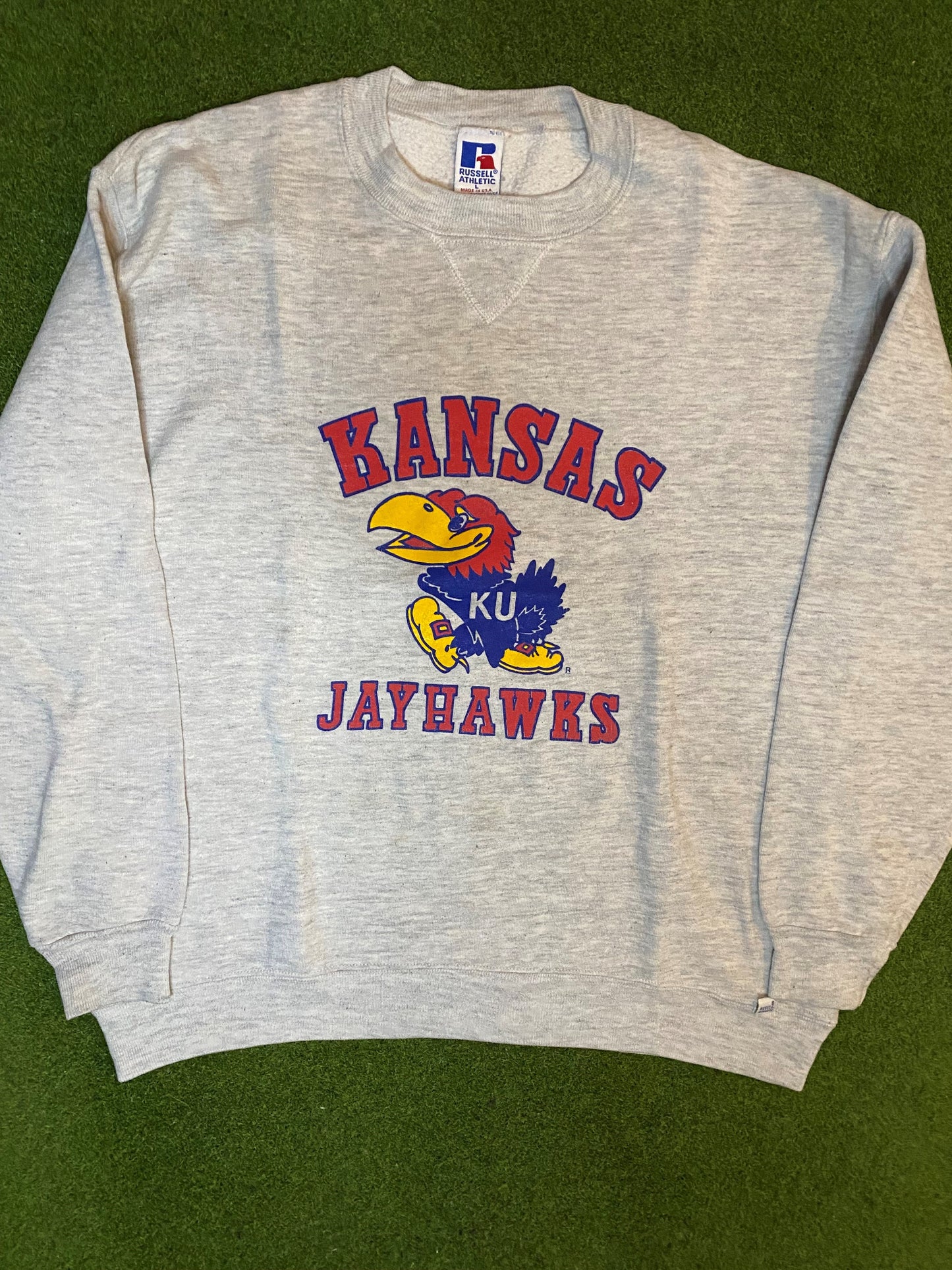 90s Kansas Jayhawks - Vintage College Sweatshirt (Large) - Gametime Vintage