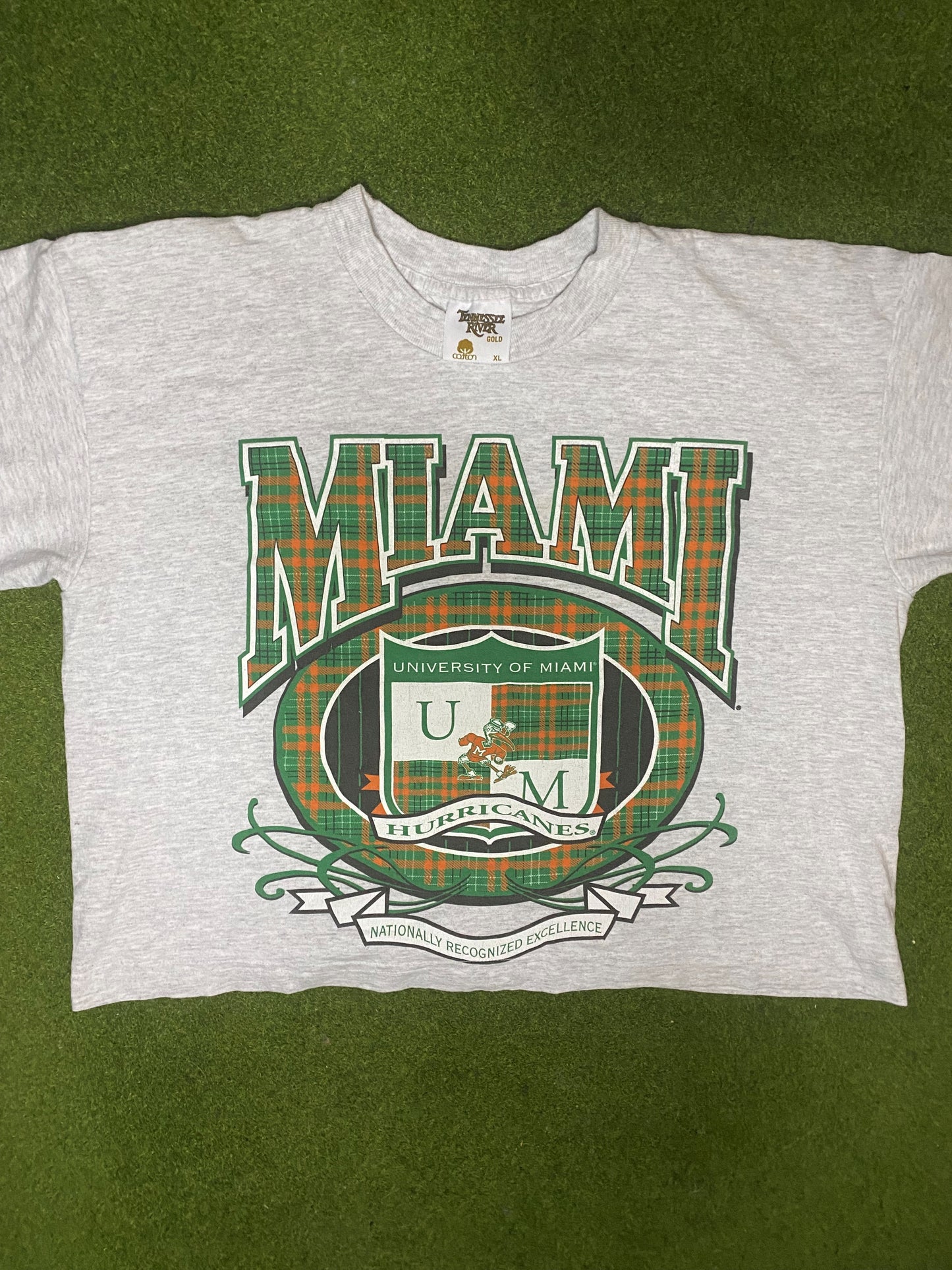 90s Miami Hurricanes - Vintage Crop Top T-Shirt (XL) - Gametime Vintage