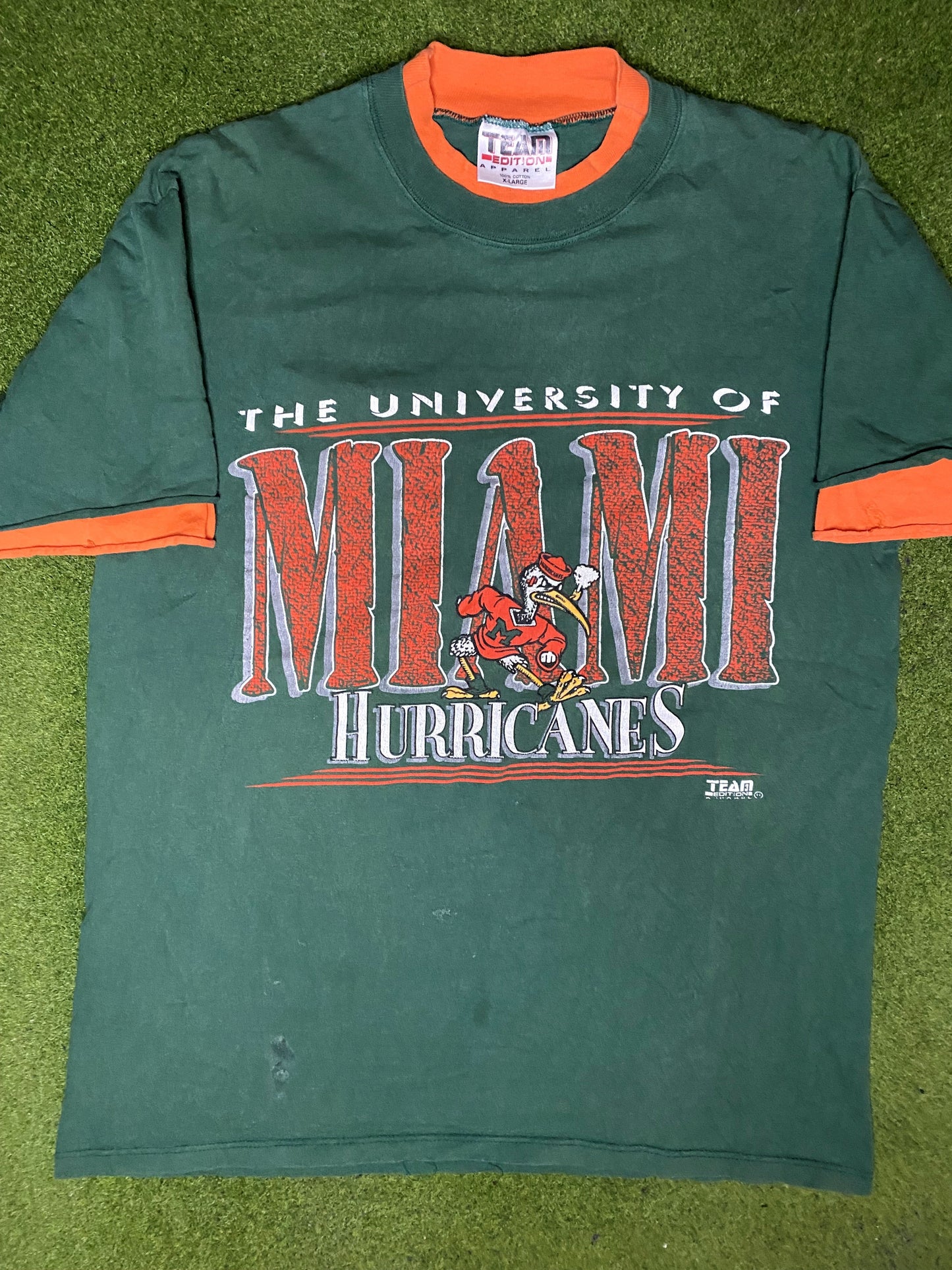 90s Miami Hurricanes - Vintage College Ringer T-Shirt (XL) - Gametime Vintage