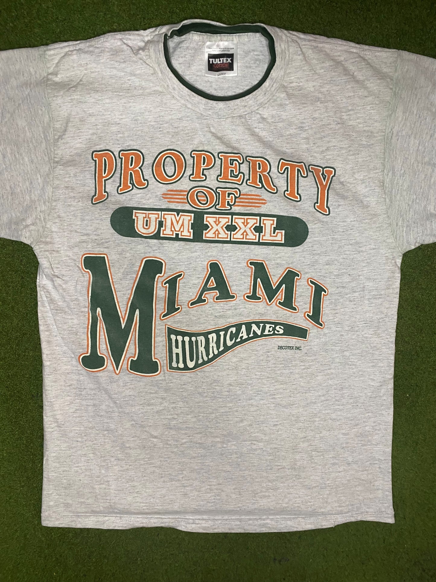 90s Miami Hurricanes - Vintage College Ringer T-Shirt (Large) - Gametime Vintage
