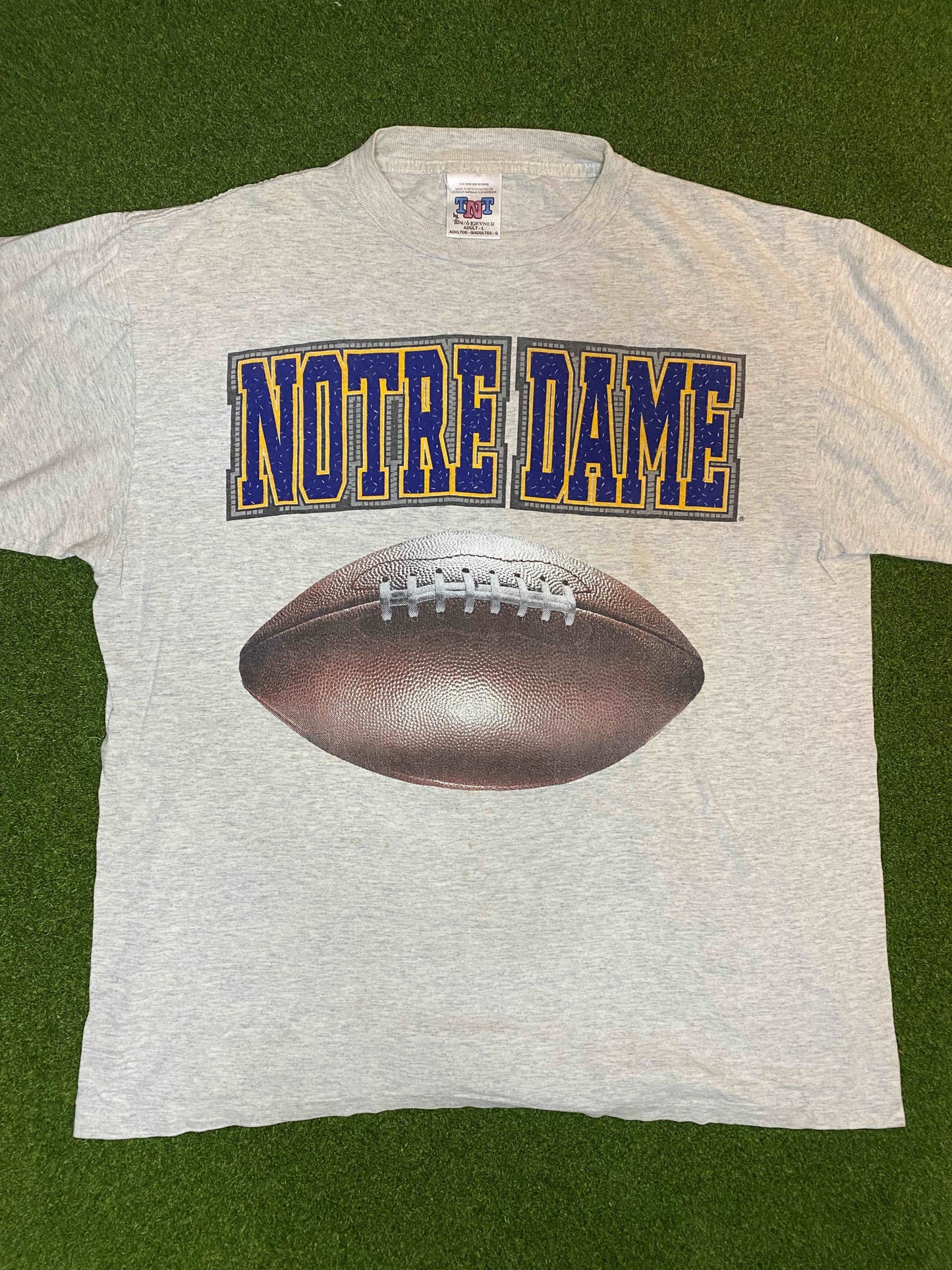 90s Notre Dame - Big Logo - Vintage College Football Tee Shirt (Large) - Gametime Vintage
