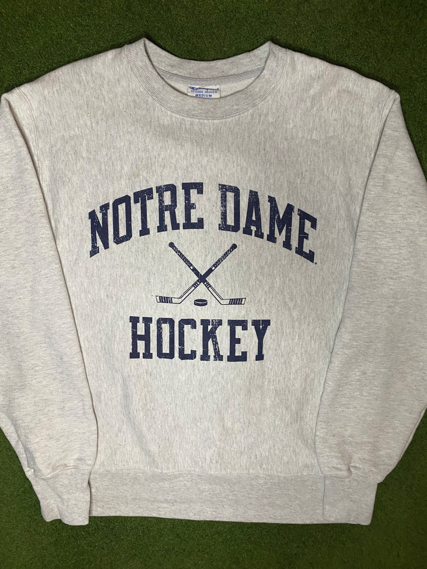 90s Notre Dame Fighting Irish - Reverse Weave - Vintage College Hockey Sweatshirt (Medium) - Gametime Vintage