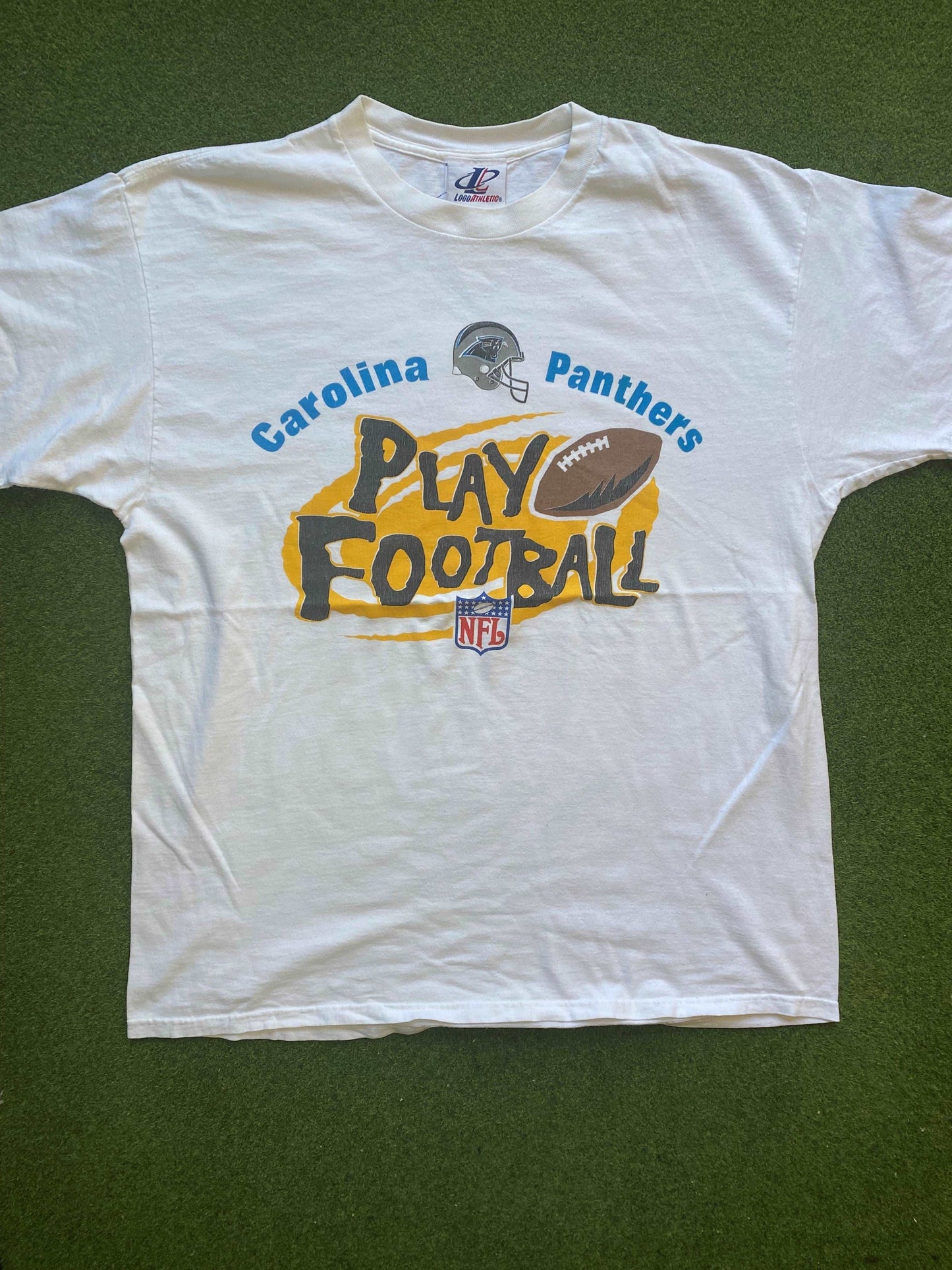 90s Carolina Panthers - Play Football - Vintage NFL T-Shirt (XL) - Gametime Vintage