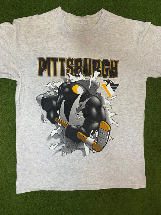 90s Pittsburgh Penguins - Break Thru - Double Sided - Vintage NHL Tee (Medium)