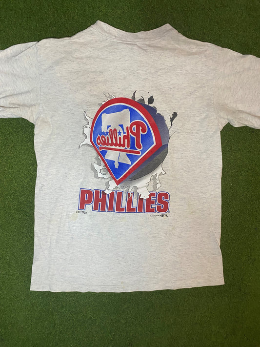 90s Philadelphia Phillies - Double Sided Break Through - Vintage MLB T-Shirt (Youth XL) - Gametime Vintage