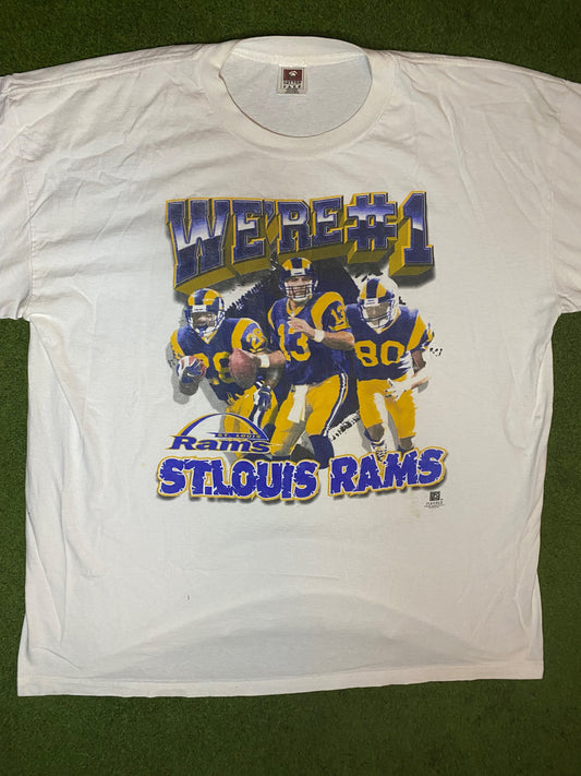 90s St. Louis Rams - Ft. Warner, Faulk and Bruce - Vintage NFL Player T-Shirt (2XL)