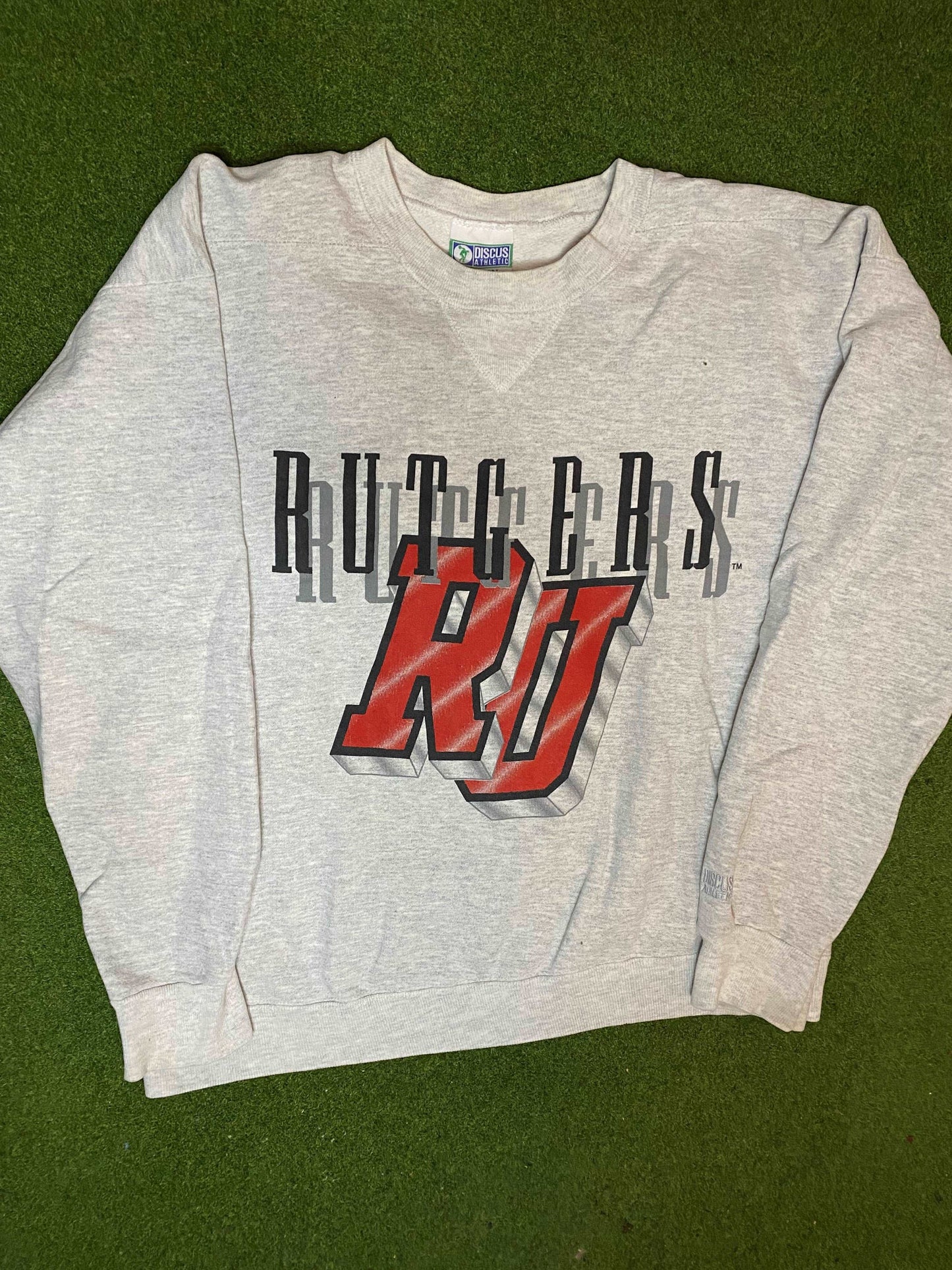 90s Rutgers Scarlett Knights - Vintage College Crewneck Sweatshirt (Medium) - Gametime Vintage