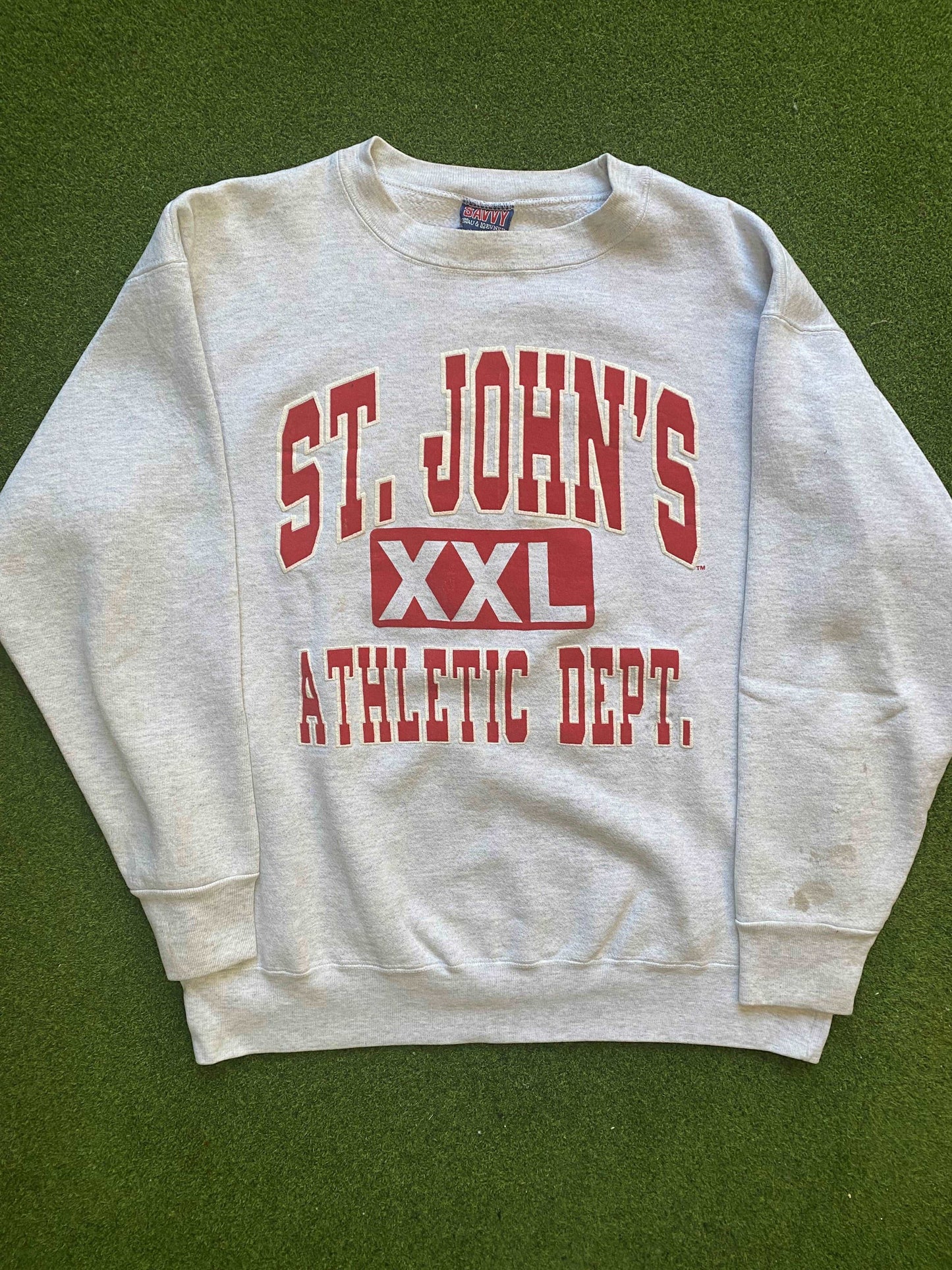 90s St. Johns Red Storm - Vintage College Crewneck Sweatshirt (Large) - Gametime Vintage