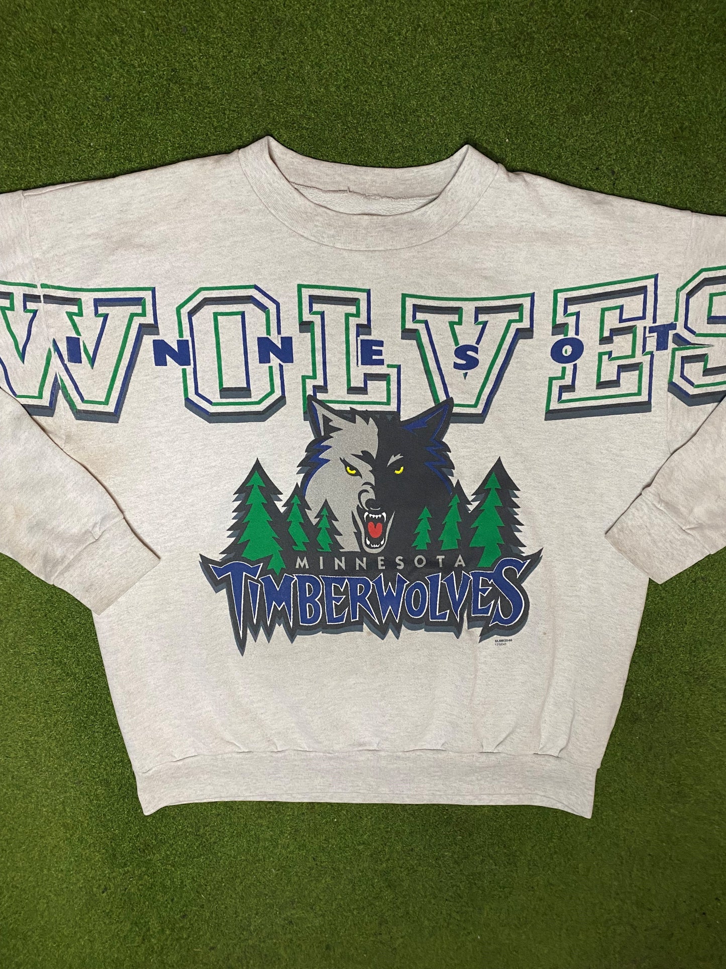 90s Minnesota Timberwolves - AOP - Vintage NBA Sweatshirt (Large) - Gametime Vintage