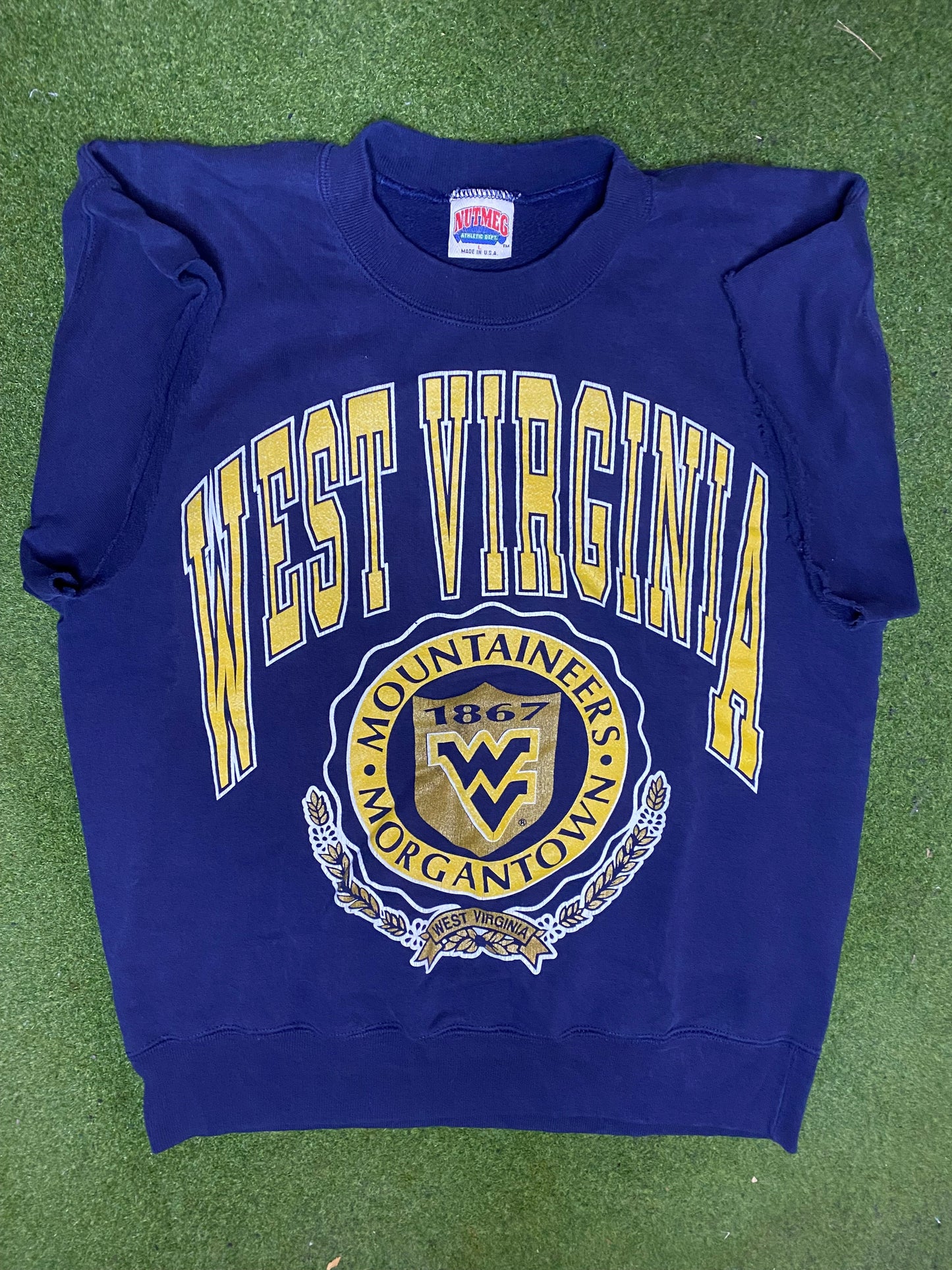 90s West Virginia Mountaineers - Vintage College Cutoff Sweatshirt (Large) - Gametime Vintage