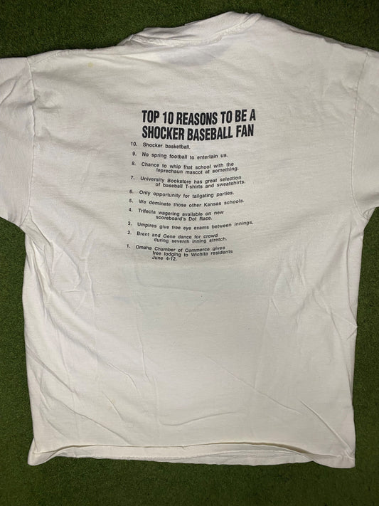 90s Wichita State Shockers - Vintage College Baseball T Shirt (Large) - Gametime Vintage