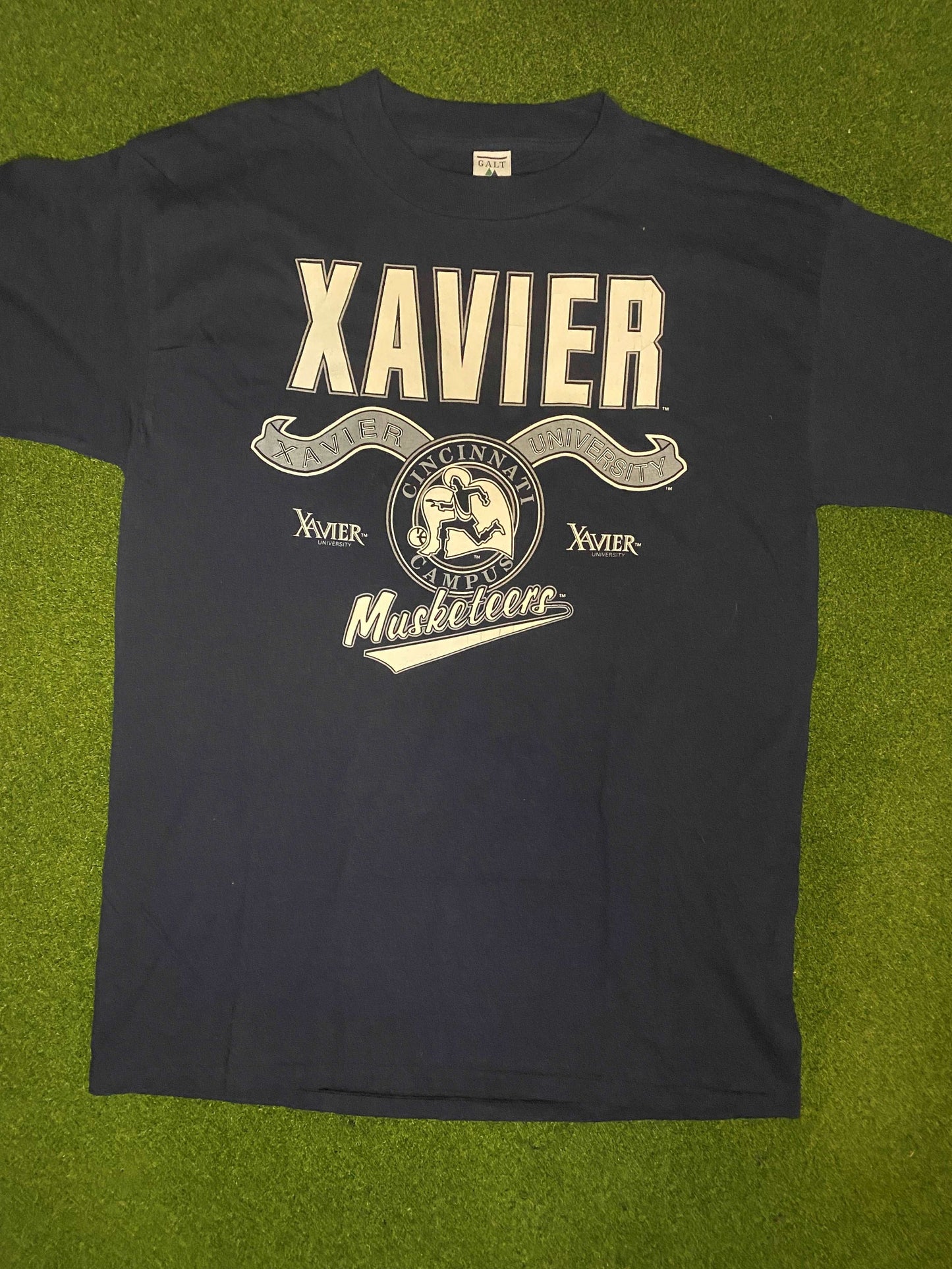 90s Xavier Musketeers - Vintage College Tee Shirt (XL) - Gametime Vintage
