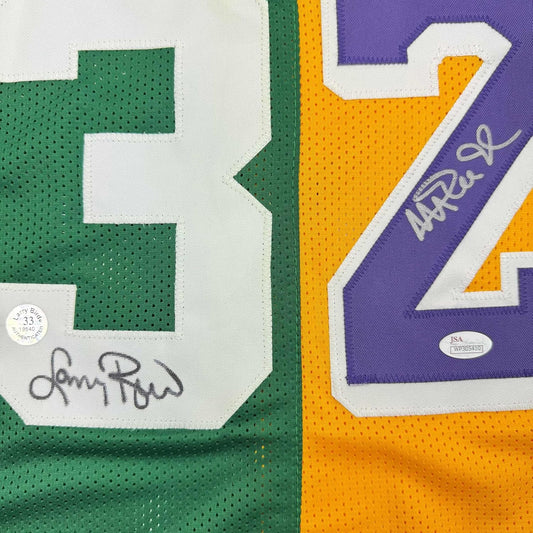 Framed Autographed/Signed Larry Bird & Magic Johnson 35x39 Dual Basketball Jersey JSA COA