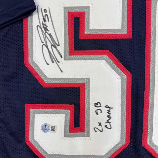 Framed Autographed/Signed Rob Ninkovich "2x SB Champ" 35x39 New England Blue Football Jersey Beckett BAS COA