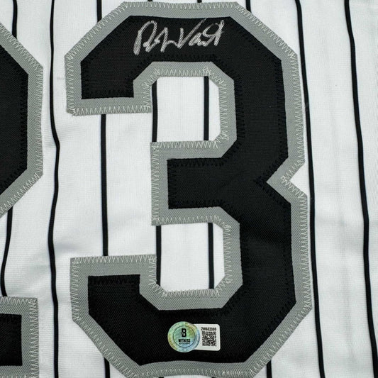 Framed Autographed/Signed Robin Ventura 35x39 Chicago Pinstripe Baseball Jersey Beckett BAS COA