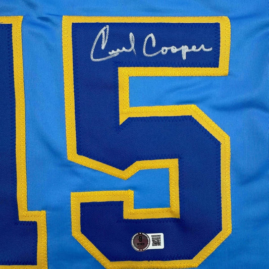 Framed Autographed/Signed Cecil Cooper 35x39 Milwaukee Blue Baseball Jersey Beckett BAS COA