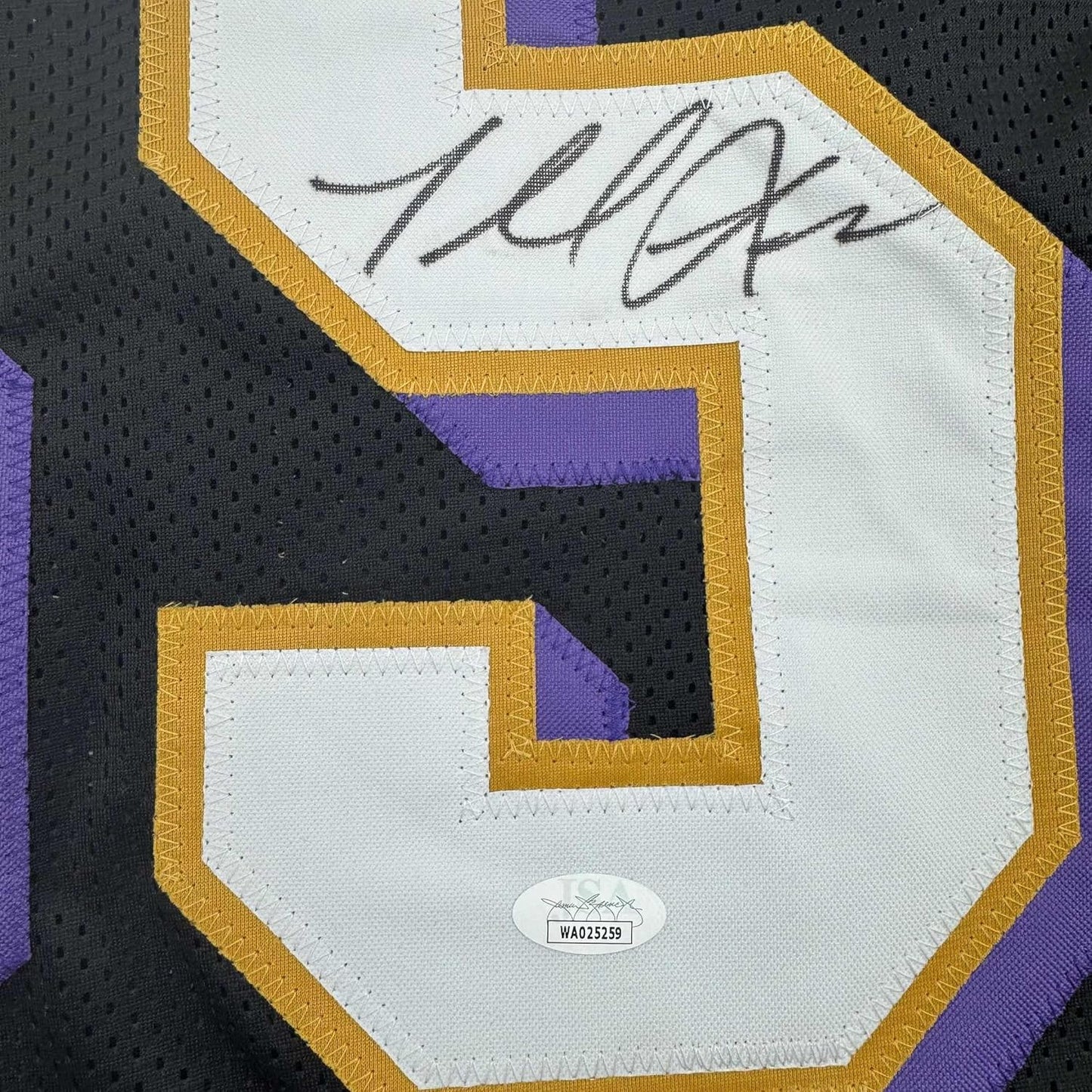 Framed Autographed/Signed Terrell Suggs 35x39 Baltimore Black Football Jersey JSA COA #2