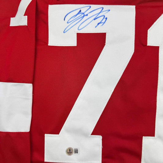 Framed Autographed/Signed Dylan Larkin 35x39 Detroit Red Hockey Jersey Beckett BAS COA