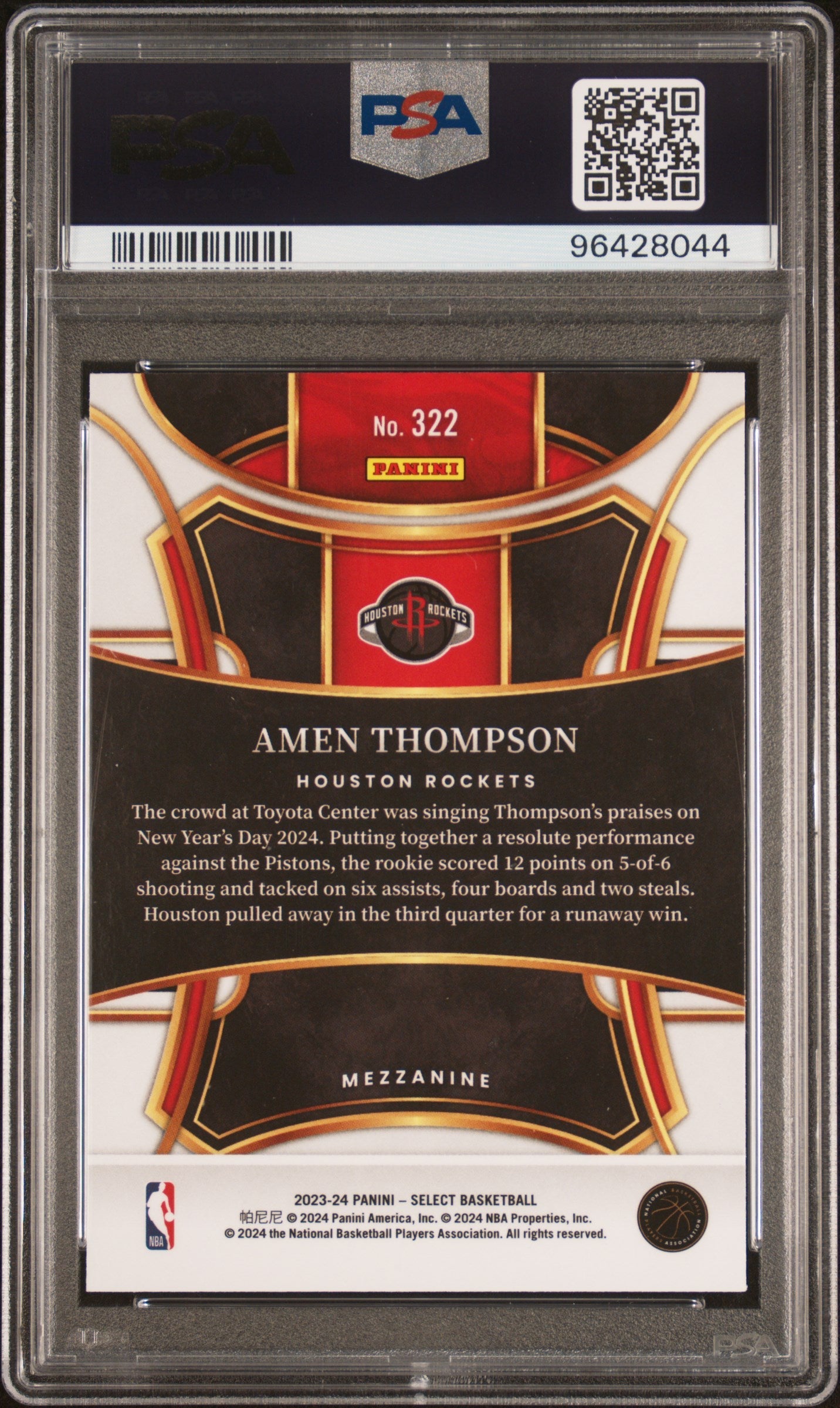 Graded 2023 Panini Select Amen Thompson #322 Rookie RC Basketball Card PSA 10 Gem Mint