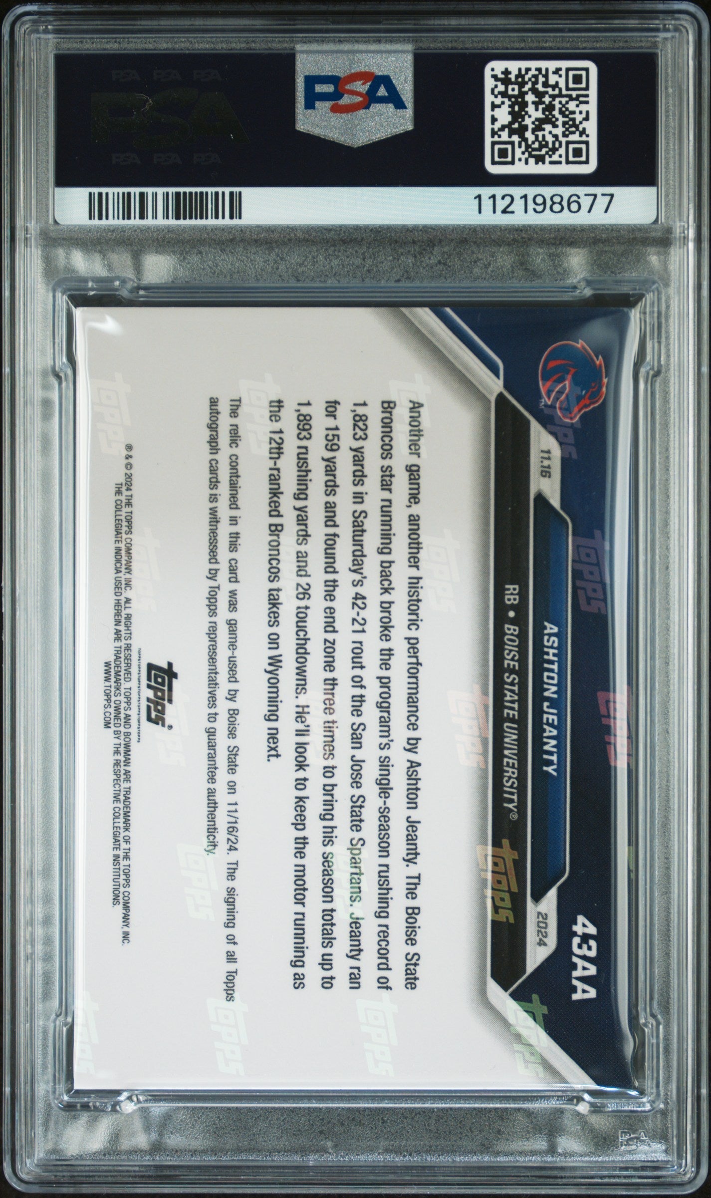 Graded 2024 Topps Bowman U Now Ashton Jeanty #43AA Autograph Relic /10 Rookie RC Football Card PSA 10 Gem Mint Auto Grade PSA 9 Mint Auto Grade PSA 10 Gem Mint