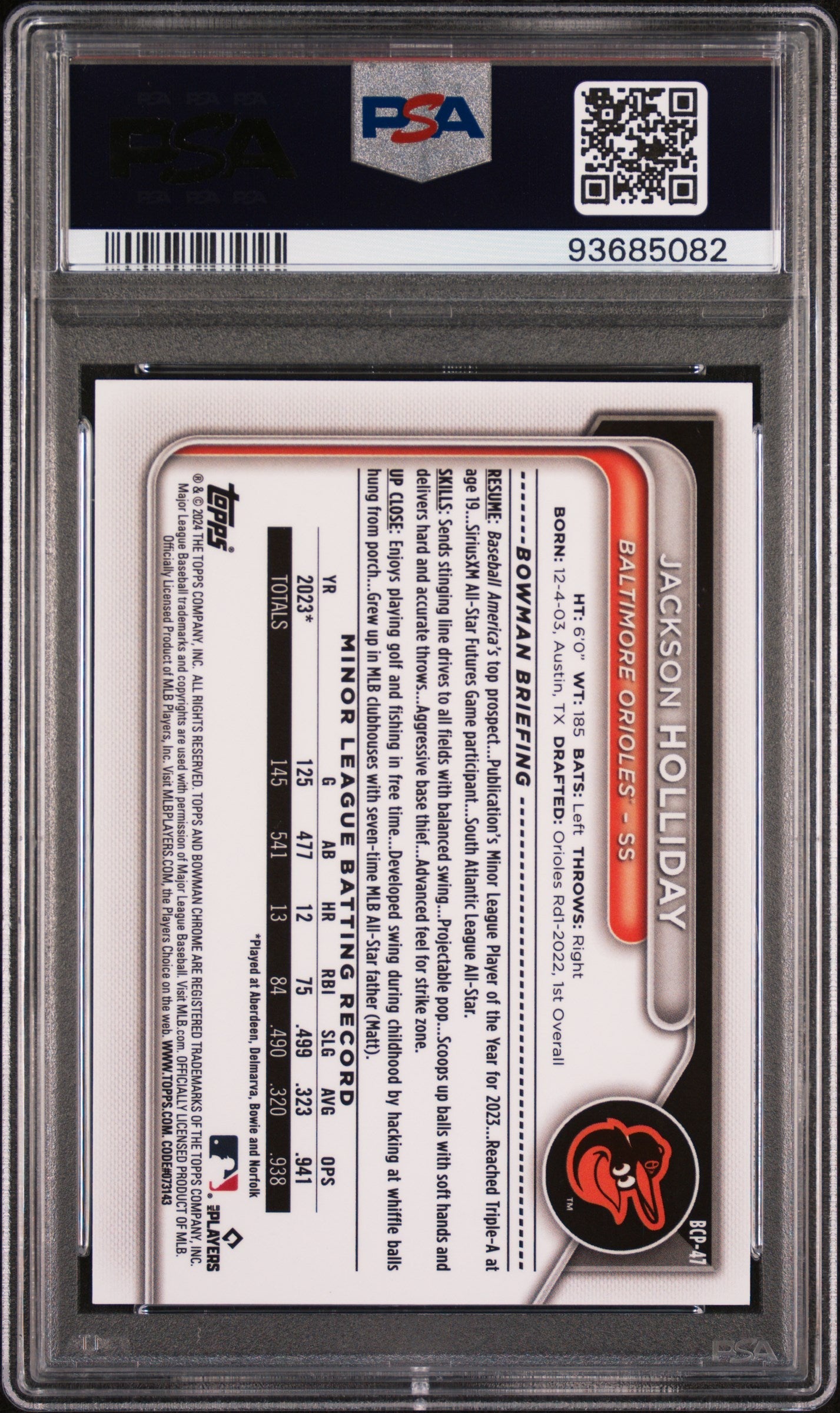 Graded 2024 Topps Bowman Jackson Holliday #BCP47 Chrome Prospects Speckle Rookie RC Baseball Card PSA 10 Gem Mint