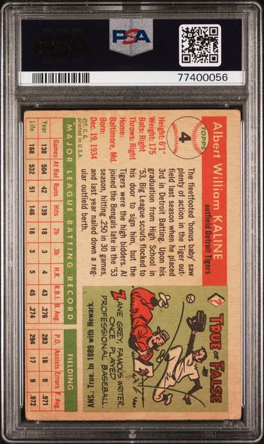 Graded 1955 Topps Al Kaline #4 2nd Year Baseball Card PSA 3 Very Good