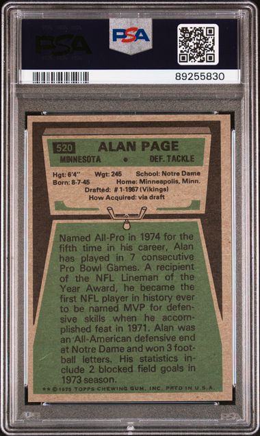 Graded 1975 Topps Alan Page #520 Football Card PSA 9 Mint