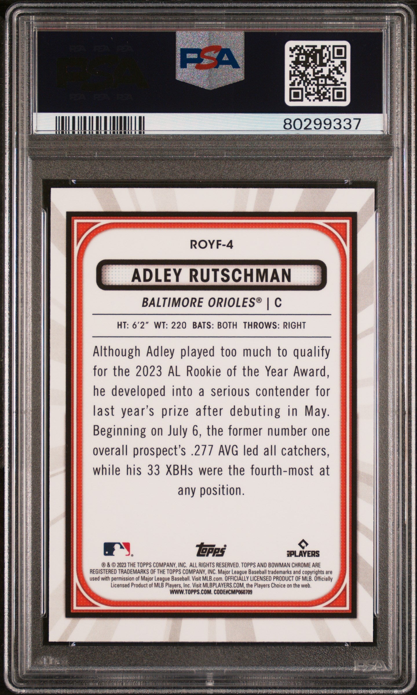 Graded 2023 Topps Bowman Adley Rutschman #ROYF4 Rookie of the Year Favorites Rookie RC Baseball Card PSA 10 Gem Mint