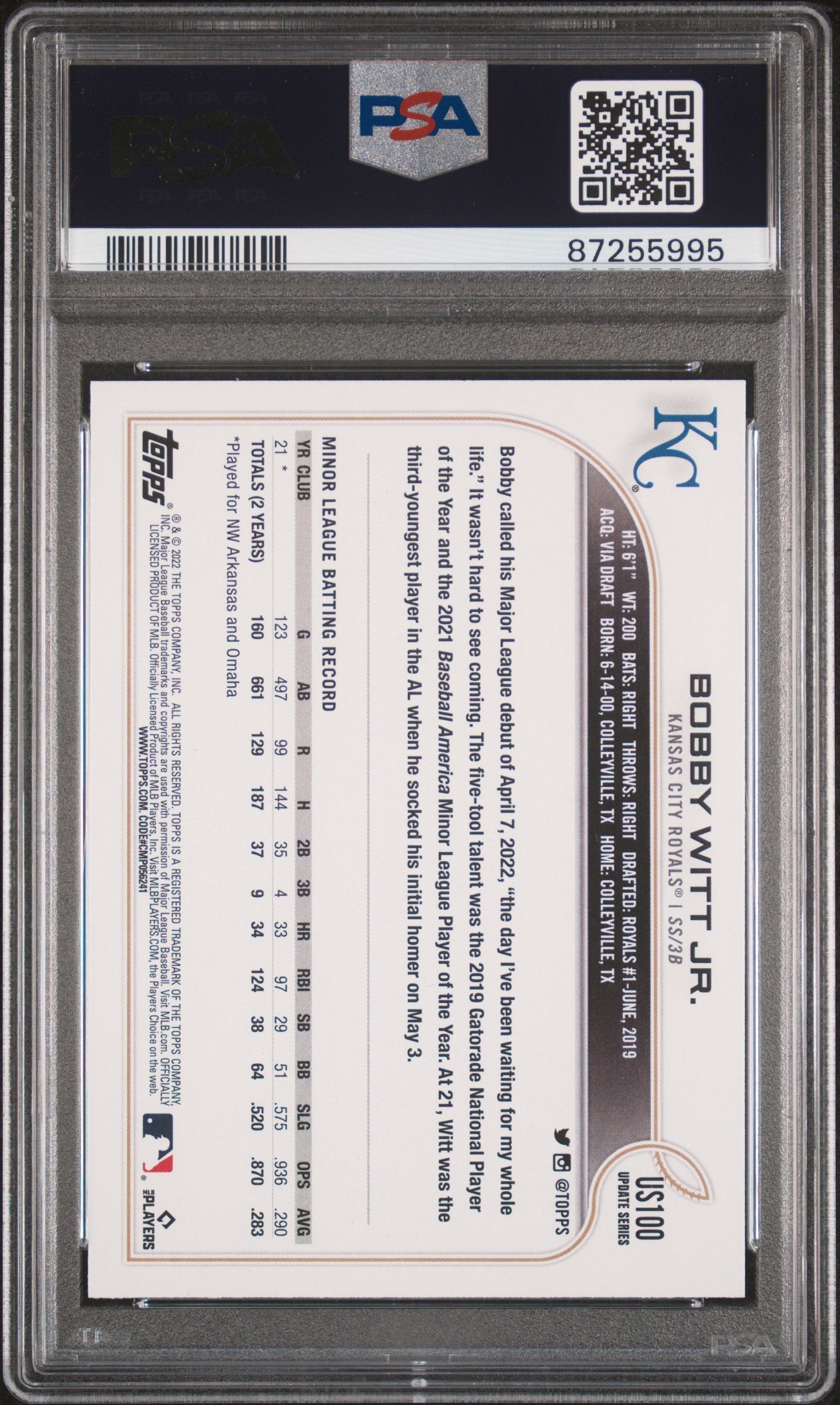 Graded 2022 Topps Update Bobby Witt Jr. #US100 Rookie RC Baseball Card PSA 10 Gem Mint