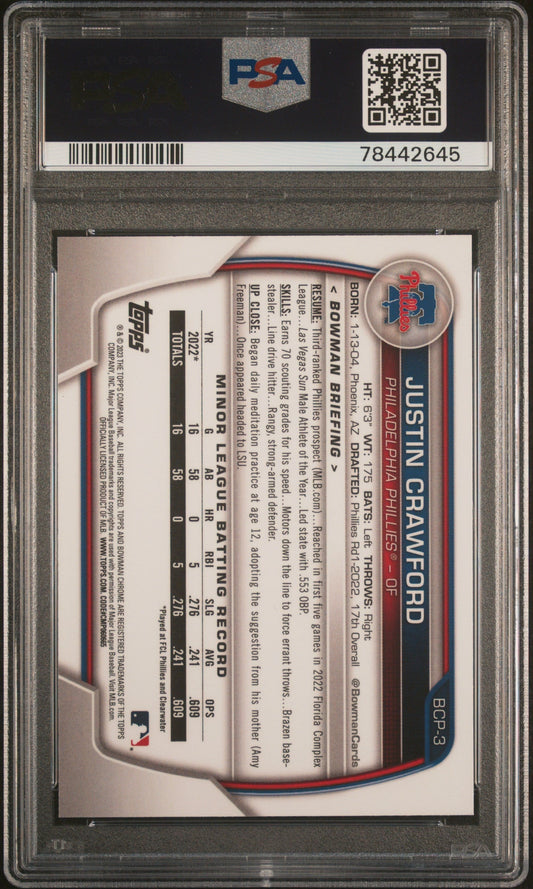 Graded 2023 Topps Bowman Justin Crawford #BCP3 Chrome Prospects Rookie RC Baseball Card PSA 10 Gem Mint