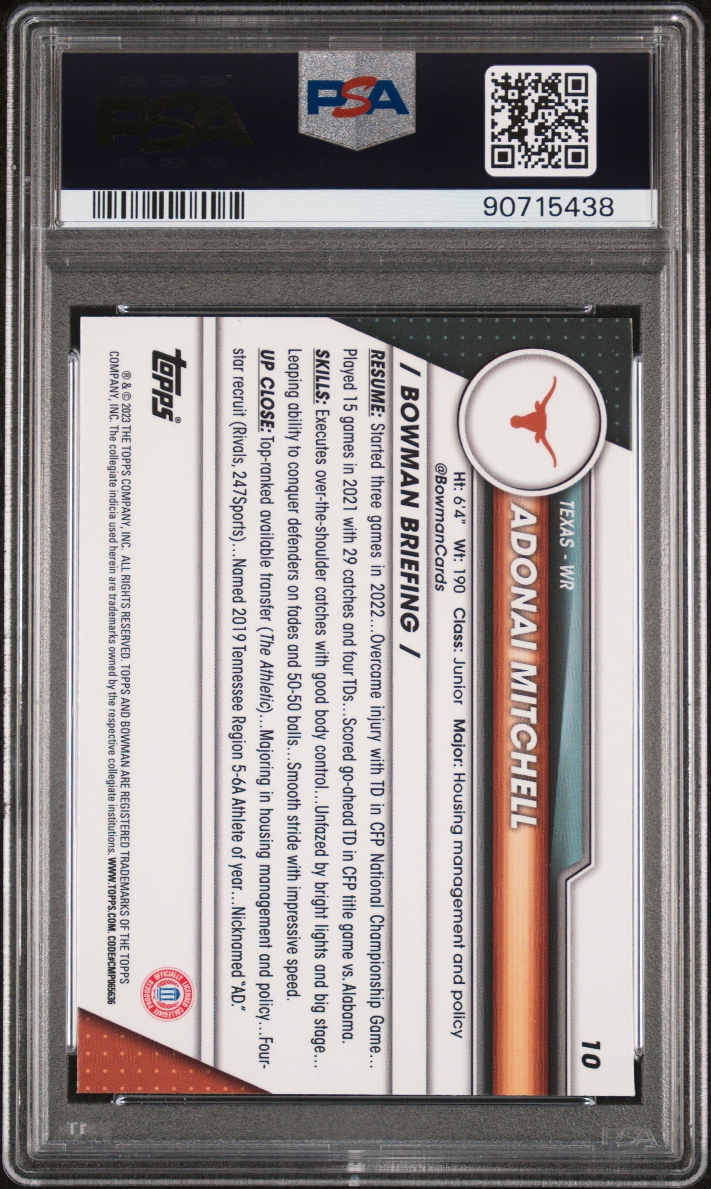 Graded 2023 Topps Bowman U Chrome Adonai Mitchell #10 Rookie RC Football Card PSA 10 Gem Mint