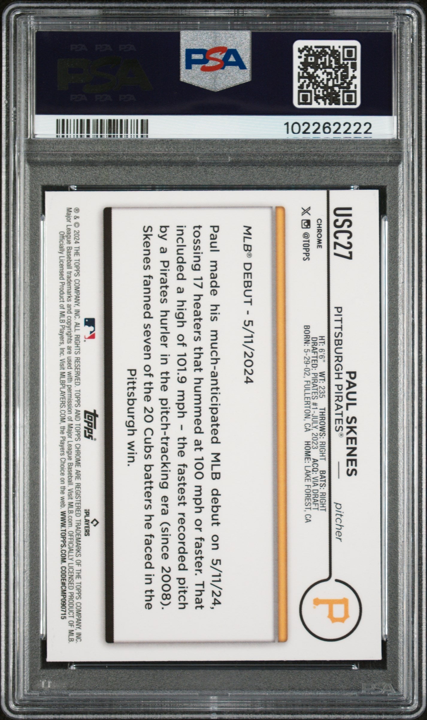 Graded 2024 Topps Chrome Update Paul Skenes #USC27 Rookie RC Baseball Card PSA 10 Gem Mint
