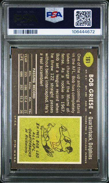 Graded 1969 Topps Bob Griese #DOLPHINS Football Card PSA 6 EX-MT