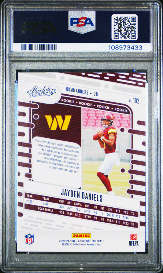 Graded 2024 Panini Absolute Jayden Daniels #102 Black Rookie RC Football Card PSA 10 Gem Mint