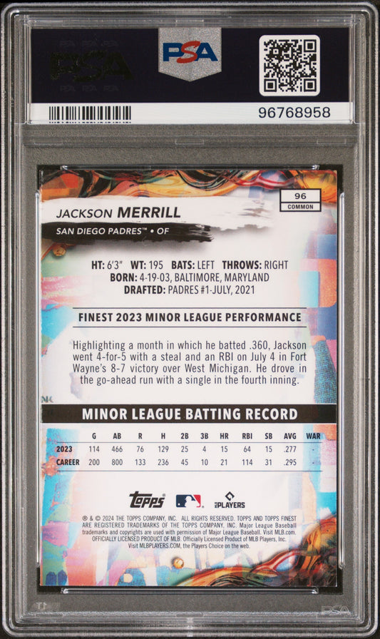 Graded 2024 Topps Finest Jackson Merrill #96 Rookie RC Baseball Card PSA 10 Gem Mint