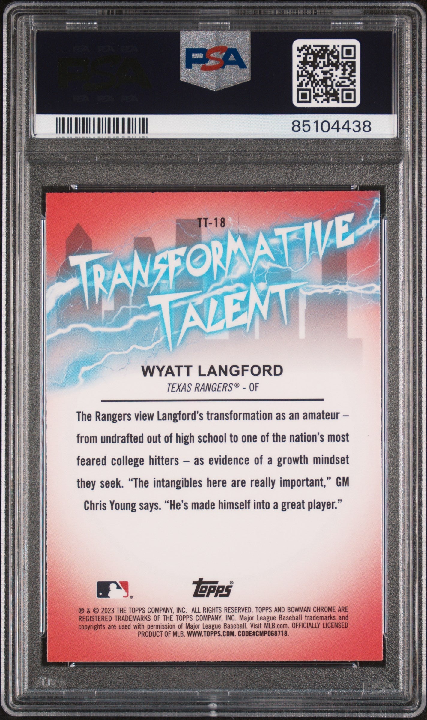 Graded 2023 Topps Bowman Draft Wyatt Langford #TT18 Transformative Talent Rookie RC Baseball Card PSA 10 Gem Mint
