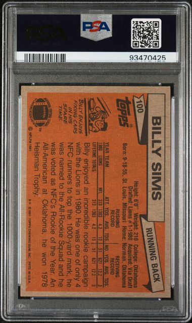 Graded 1981 Topps Billy Sims #100 Rookie RC Football Card PSA 8 NM-MT