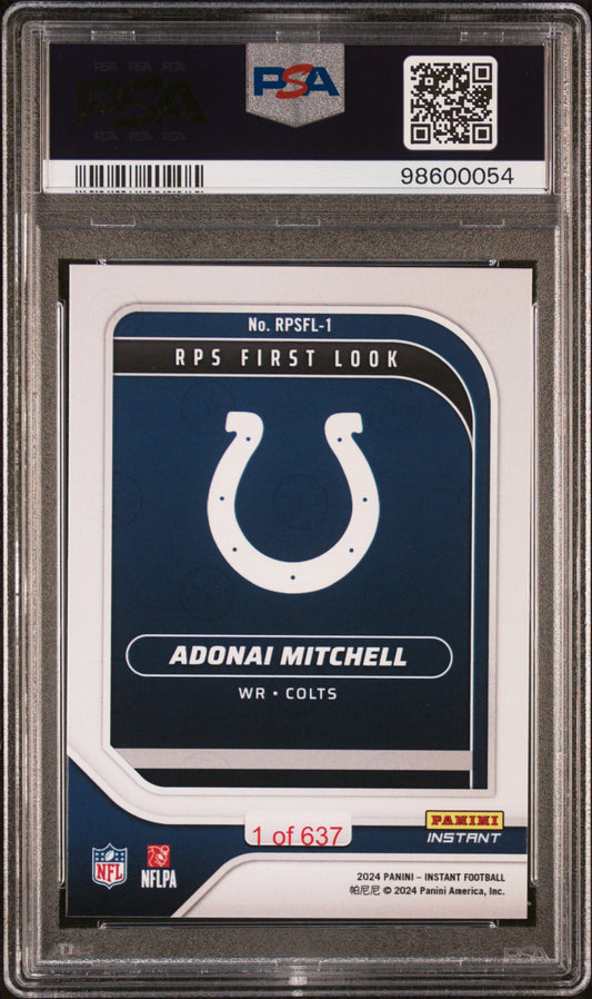 Graded 2024 Panini Instant NFL Adonai Mitchell #RPSFL1 RPS First Look Rookie RC Football Card PSA 10 Gem Mint