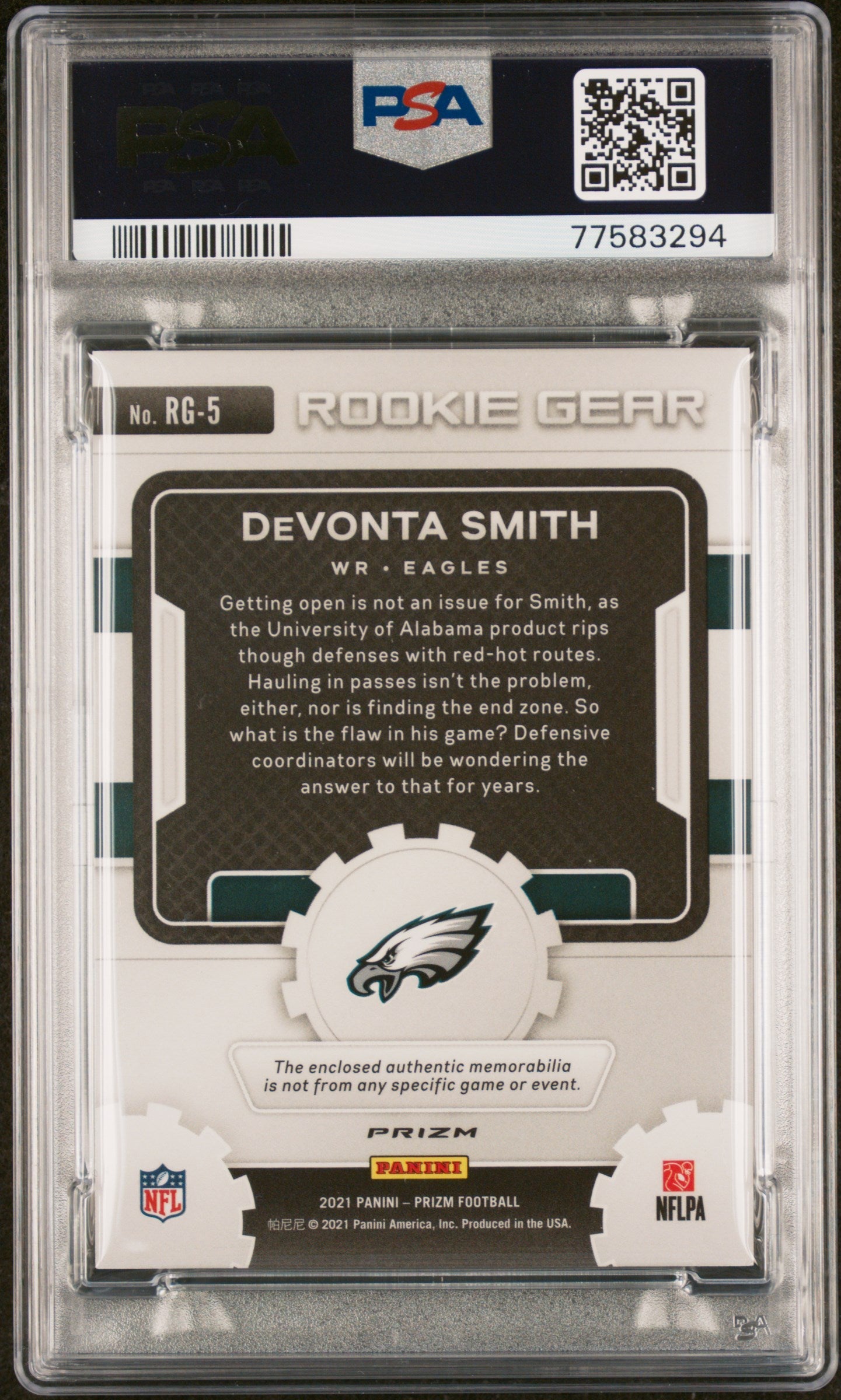 Graded 2021 Panini Prizm DeVonta Smith #RG5 Rookie Gear Relics Rookie RC Football Card PSA 10 Gem Mint