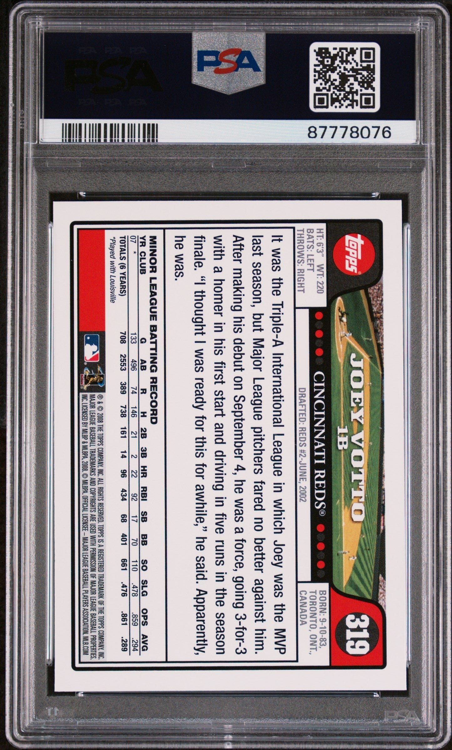 Graded 2008 Topps Joey Votto #319 Rookie RC Baseball Card PSA 10 Gem Mint