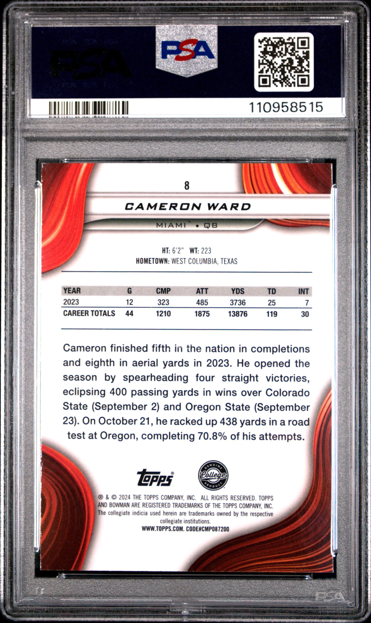 Graded 2024 Topps Bowman Best University Cam Ward #8 Yellow Refractor /75 Rookie RC Football Card PSA 9 Mint