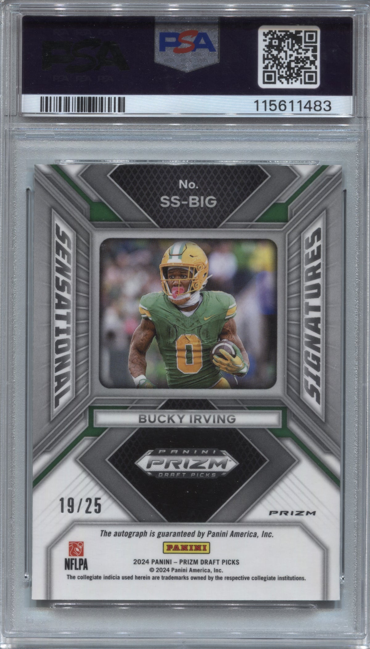 2024 Prizm Draft Bucky Irving Sensational Green Pulsar /25 Rookie Auto PSA 10